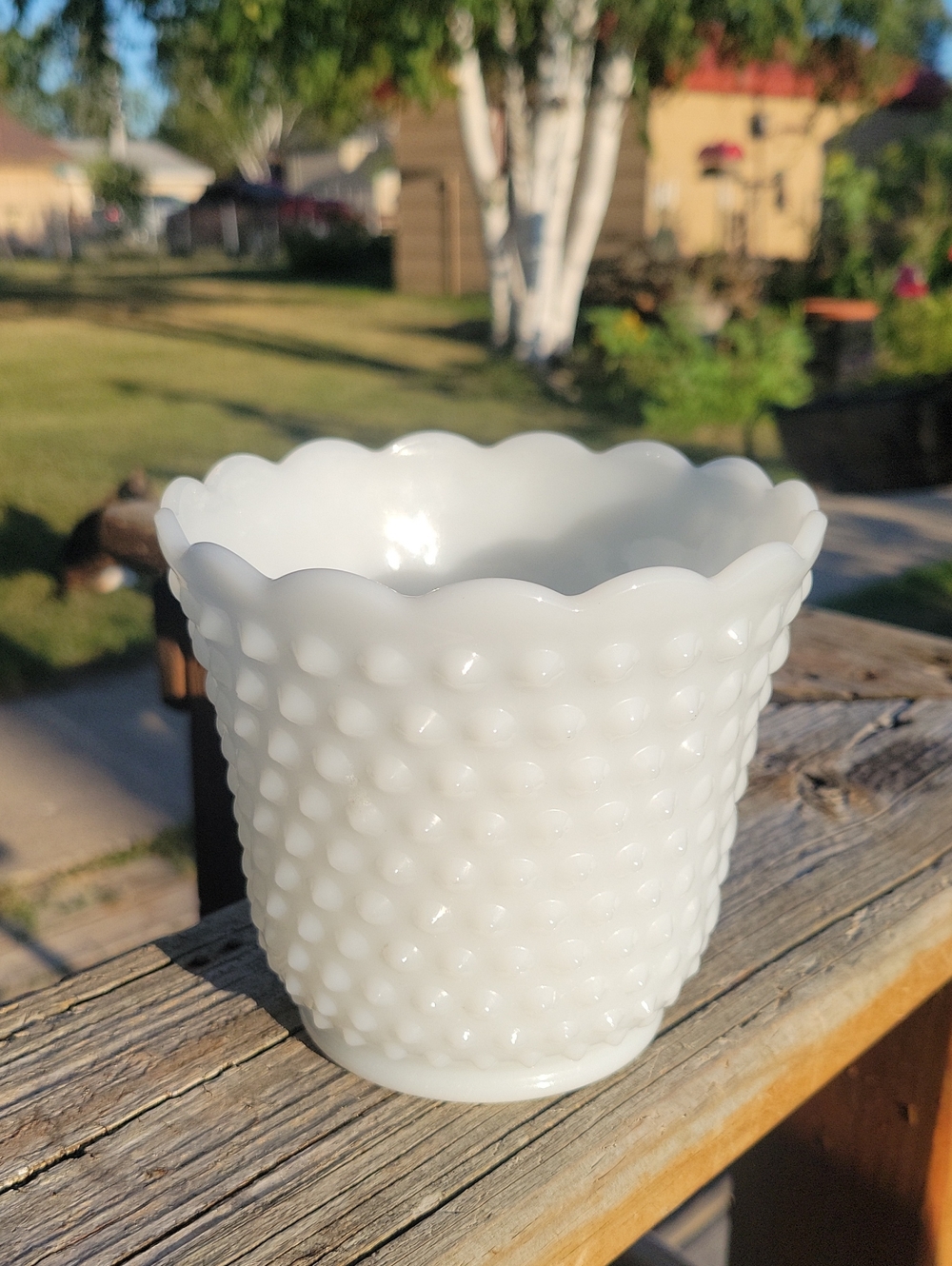 Fire King Oven Ware White Hobnail Scalloped Milk Glass Planter